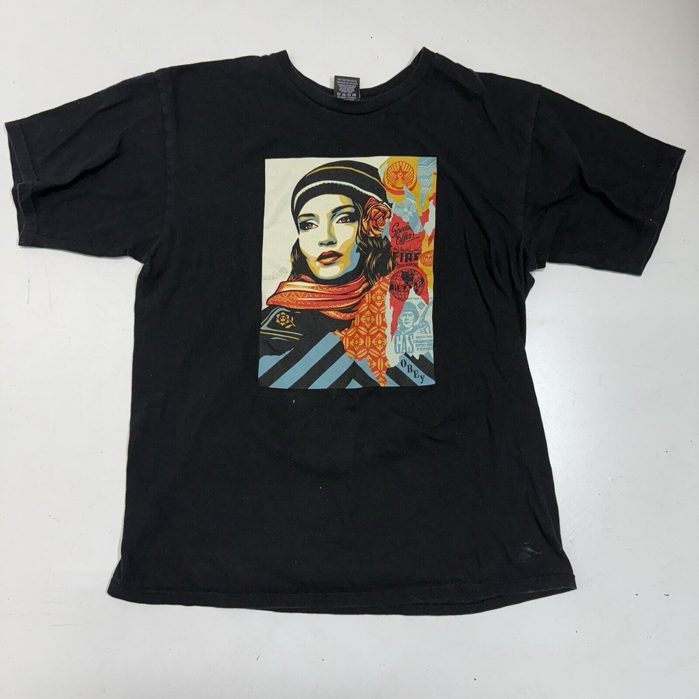 Obey‎ Men Shirt Large Black Shepard Fairey Art Graphic Short Sleeve Tee
